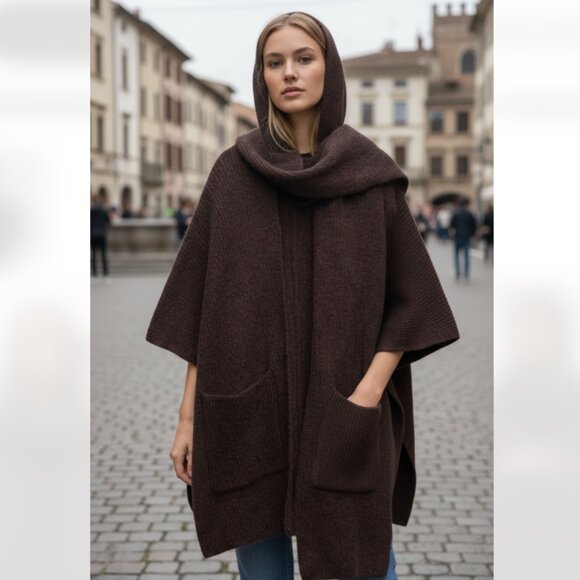 NWOT Zara  Shawl Collar Knit Jacket Cape Cardigan Scarf Pockets Chocolate Brown - Picture 1 of 8